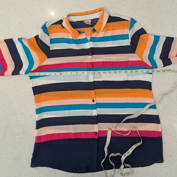 Chico's Multicolor Striped Chiffon Button Down Blouse Collared Long Sleeve 12/14 - Picture 4 of 11